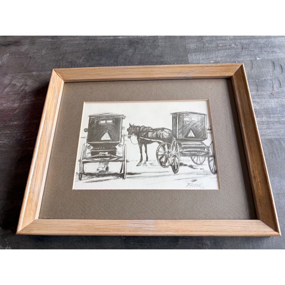 B Fuson Signed Horse and Buggy Sketch Framed Rural Farmhouse Wall Art Print